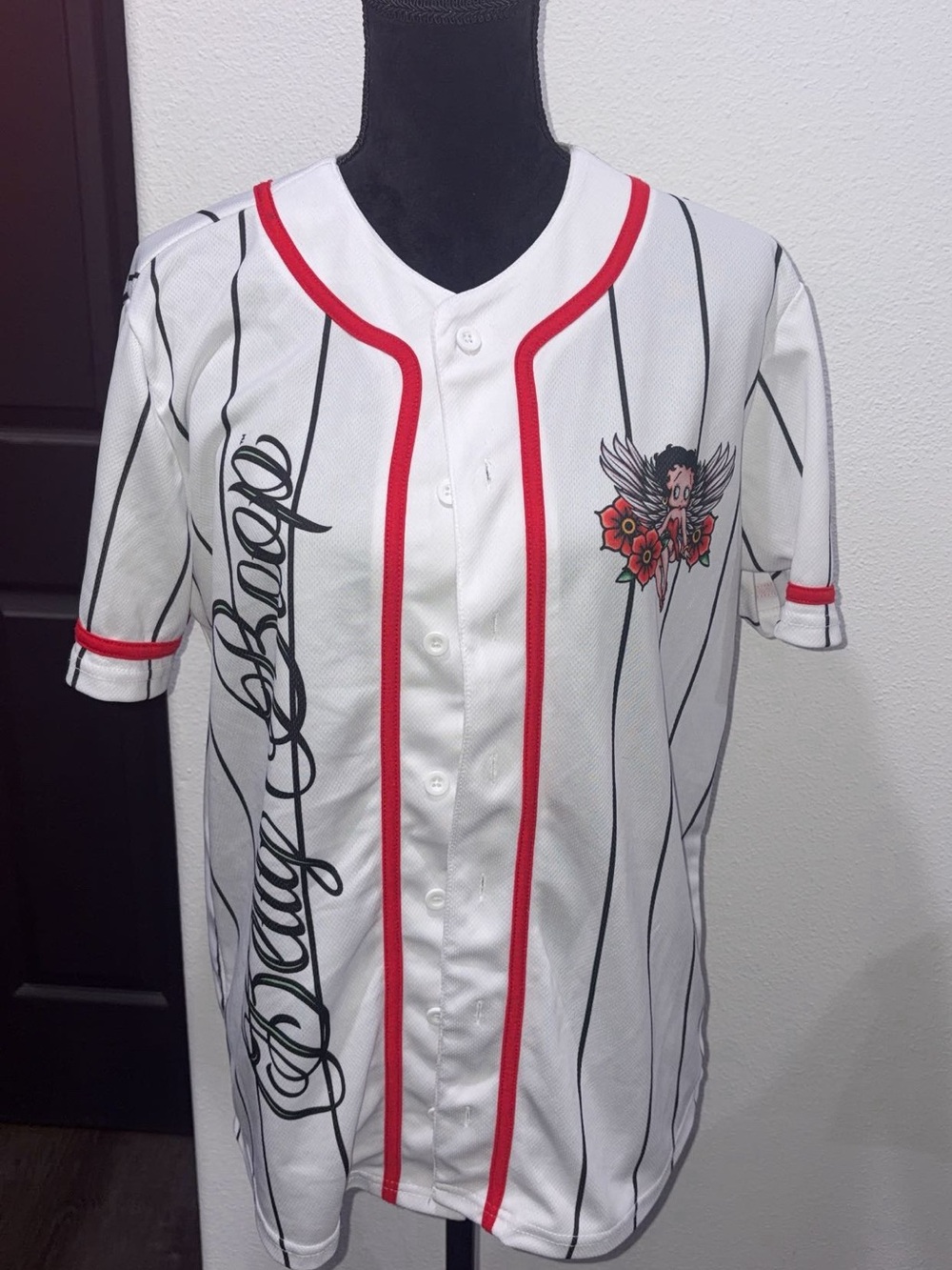 Betty Boop White Baseball Jersey with Red Trim and Black Pinstripes
